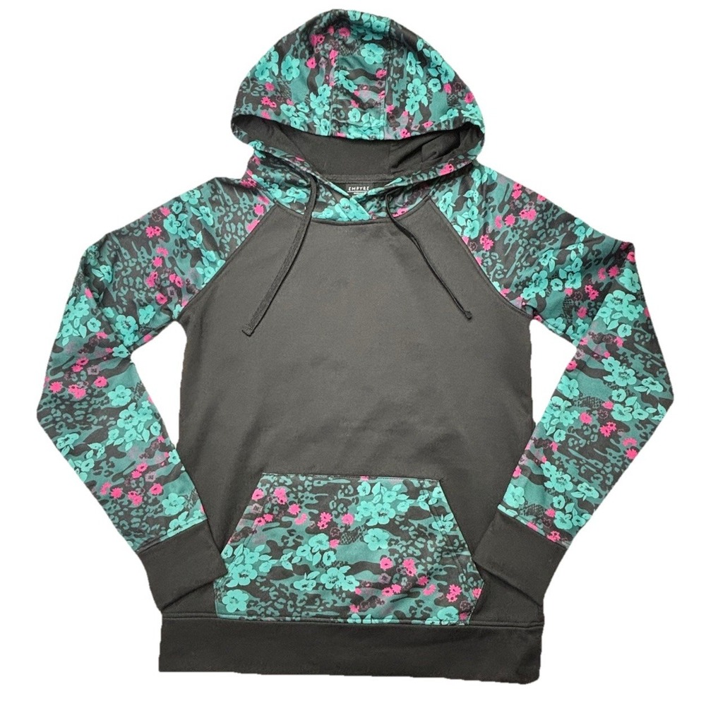 Empyre Camo Floral Hoodie Womens Medium Black Teal Pink Raglan Pullover